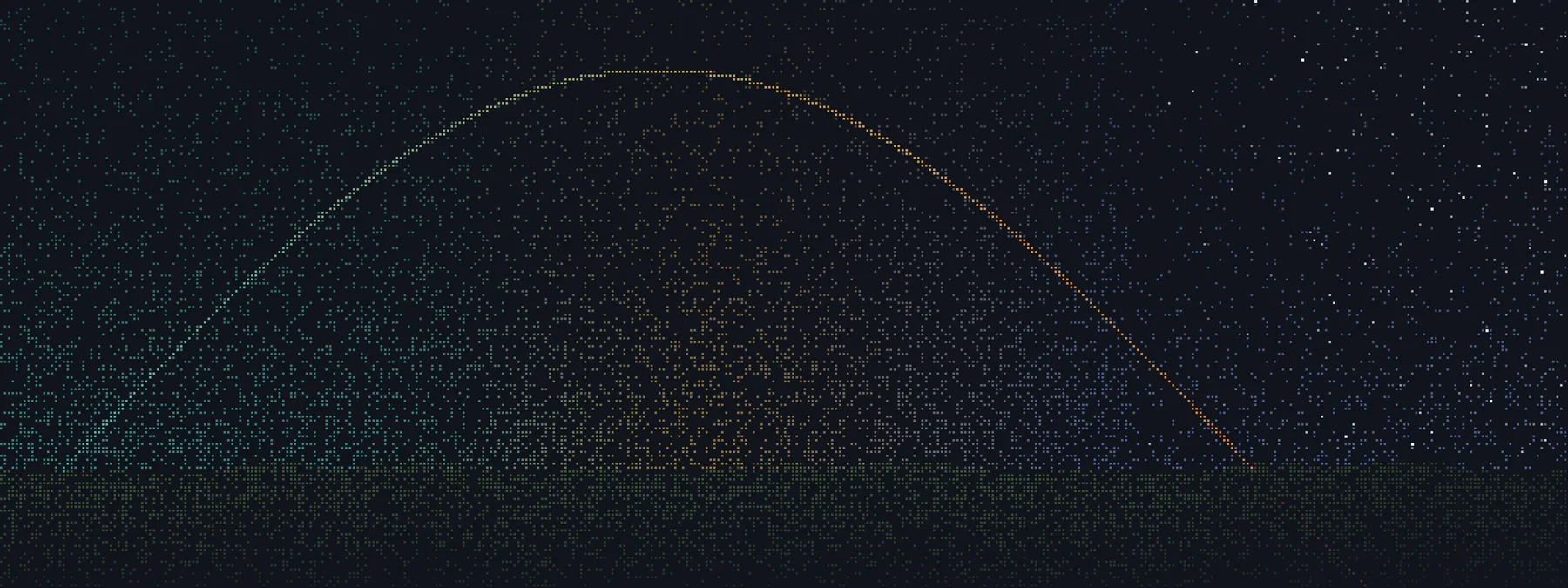 The Sun's path across one day, drawn in dots: teal in the working morning, amber in the afternoon, setting into a starry night over a mossy horizon.