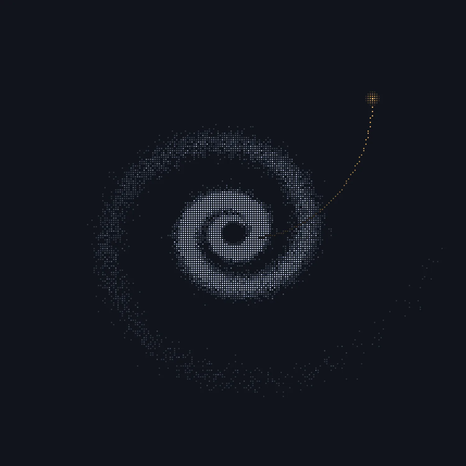 Thousands of grey dots wound into a whirlpool, and one warm dot travelling out of it.