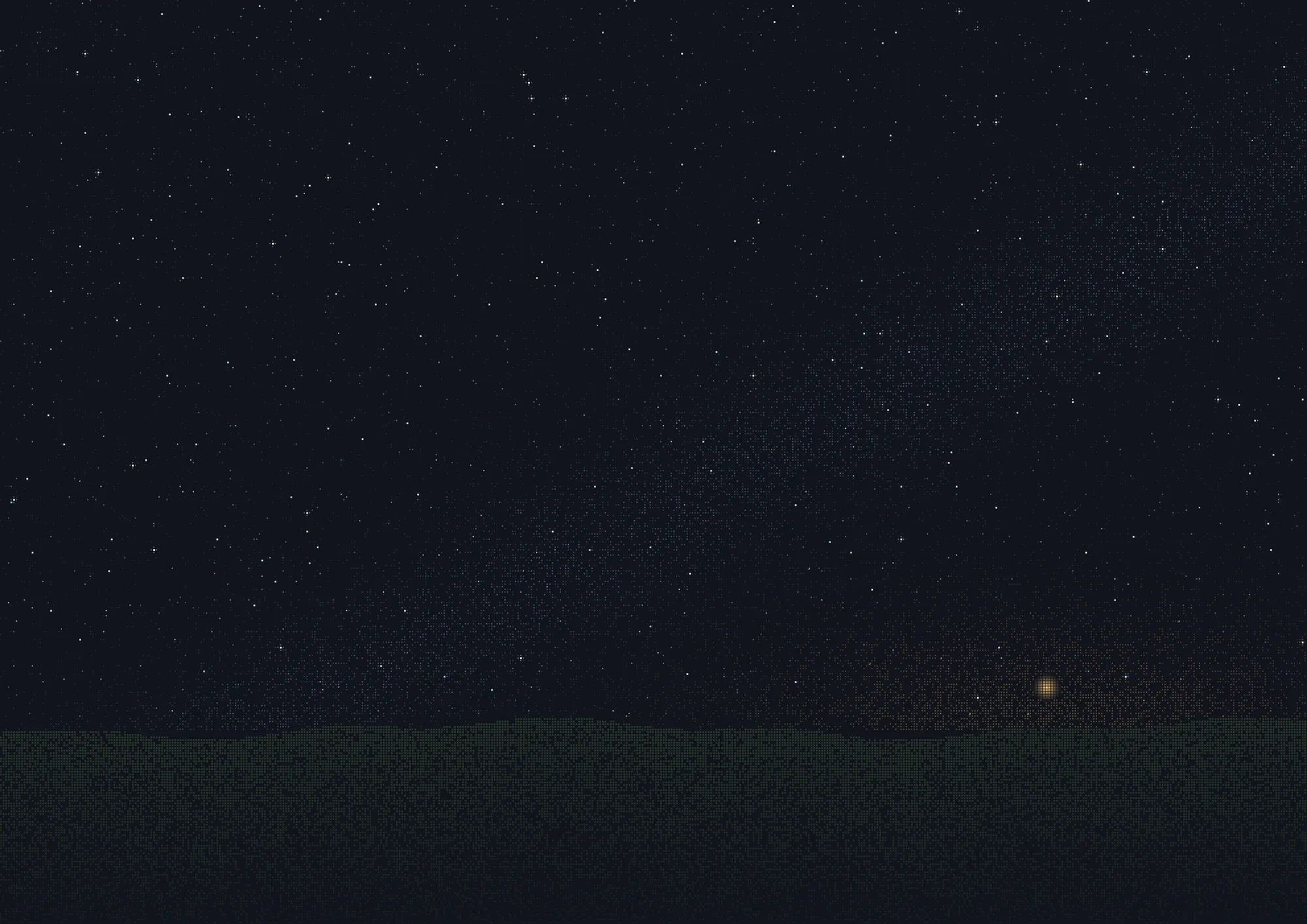 Tonight's sky drawn in fine dots over a mossy horizon, with one warm star low in the west.