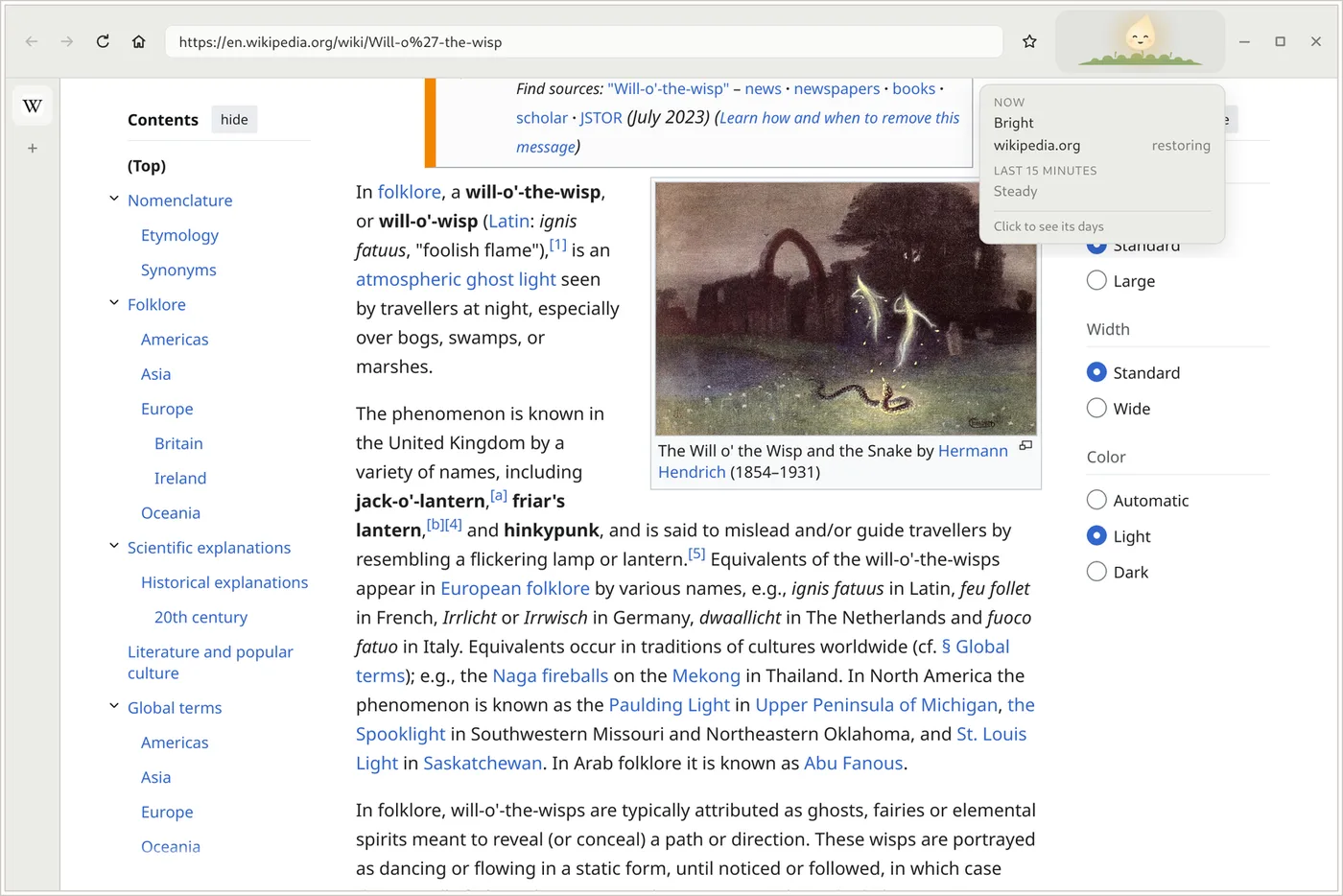 Glimmerwood showing a Wikipedia article. In the corner of the toolbar the wisp is bright and smiling, with its caption open.