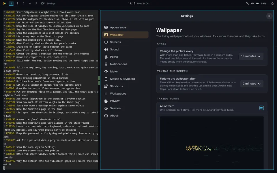 Bullet time: the desktop tips back into 3D with every workspace beside the last and an amber letter over each window; a key press glides across to the next workspace, and Enter drops back into it.