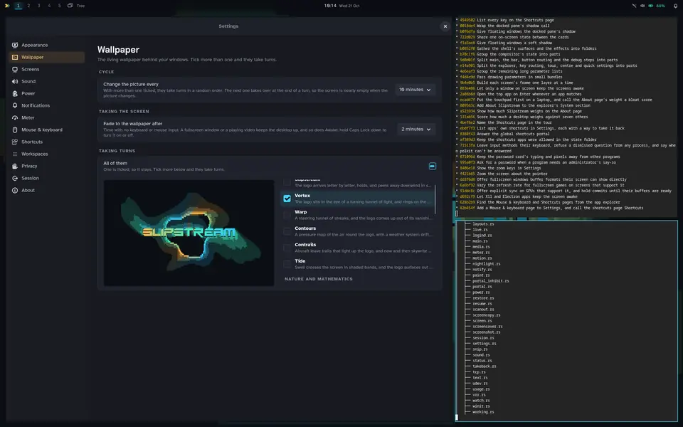 A Slipstream desktop with a note, a to-do list and Settings tips back and sinks into the Vortex living wallpaper, which takes over the screen, then rises back into place.