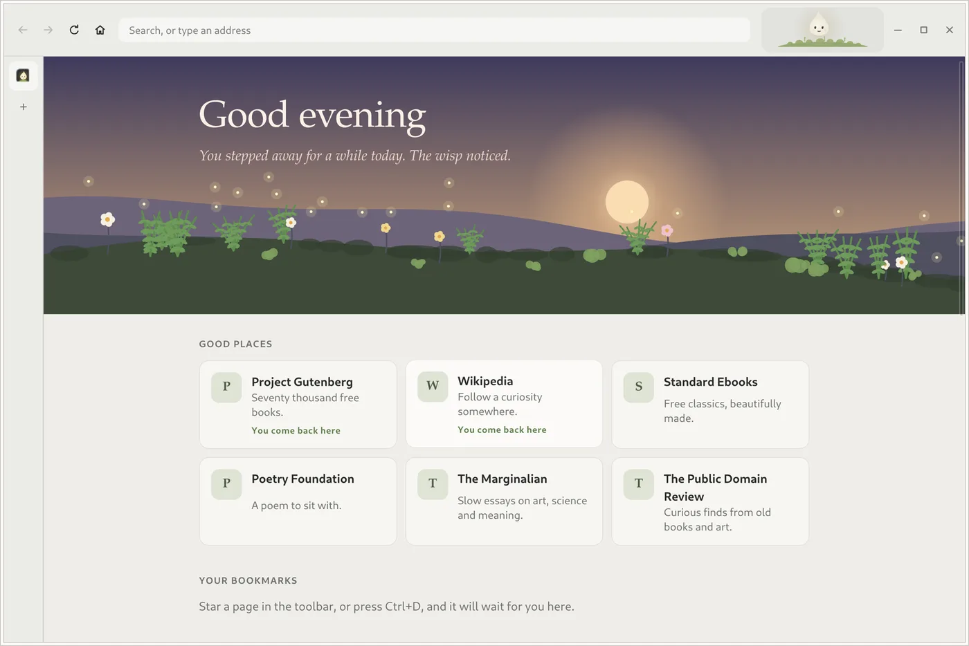 Glimmerwood's Home page: a garden under an evening sky, a greeting, and cards for good places such as Project Gutenberg and Wikipedia.