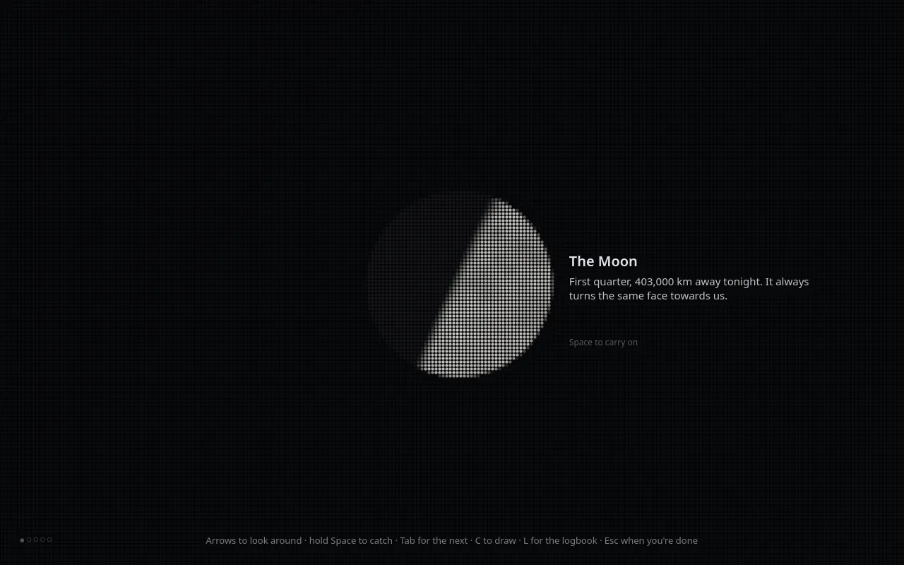 The Moon close up in dots, with a card: first quarter, 403,000 km away tonight.