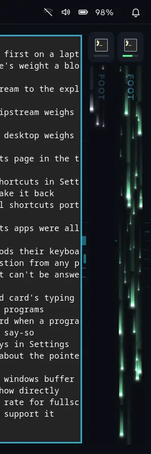 The right edge of the screen: a window pours into a new stream of light beside two already running, each under its app's icon. The busy app's stream pours fast and bright; the idle one sends a few slow grey streaks.