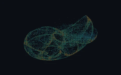 Attractor: the logo unravelling into a strange attractor drawn in dots