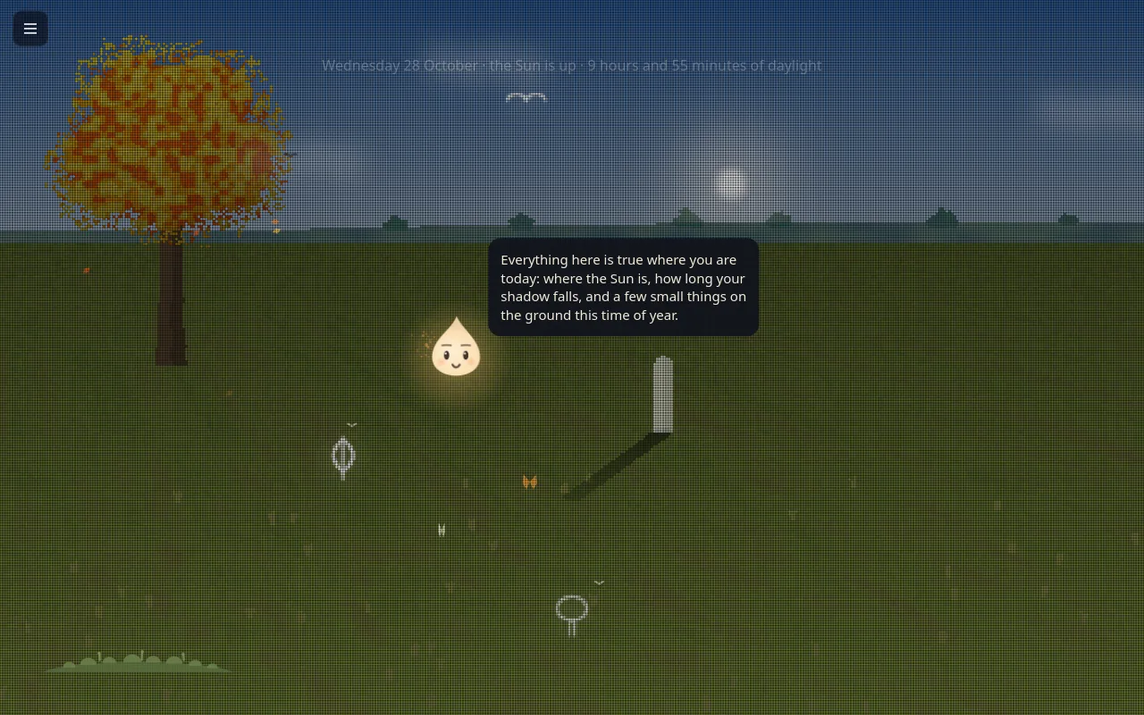 Westering by day: a dotted field under an autumn tree, a standing stone casting this minute's shadow, and the wisp.