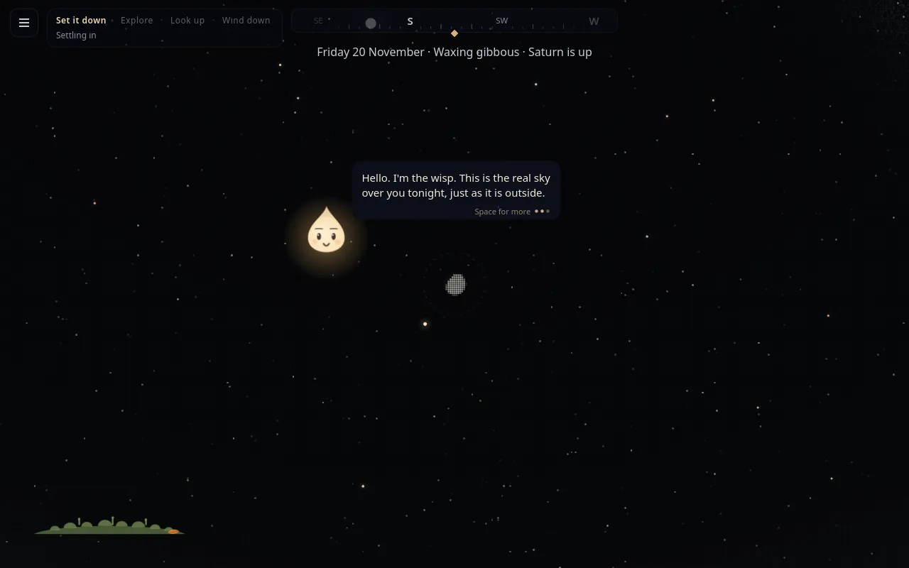 Westering's night sky in fine dots. The wisp, a small glowing flame, says: Hello. I'm the wisp. This is the real sky over you tonight, just as it is outside.